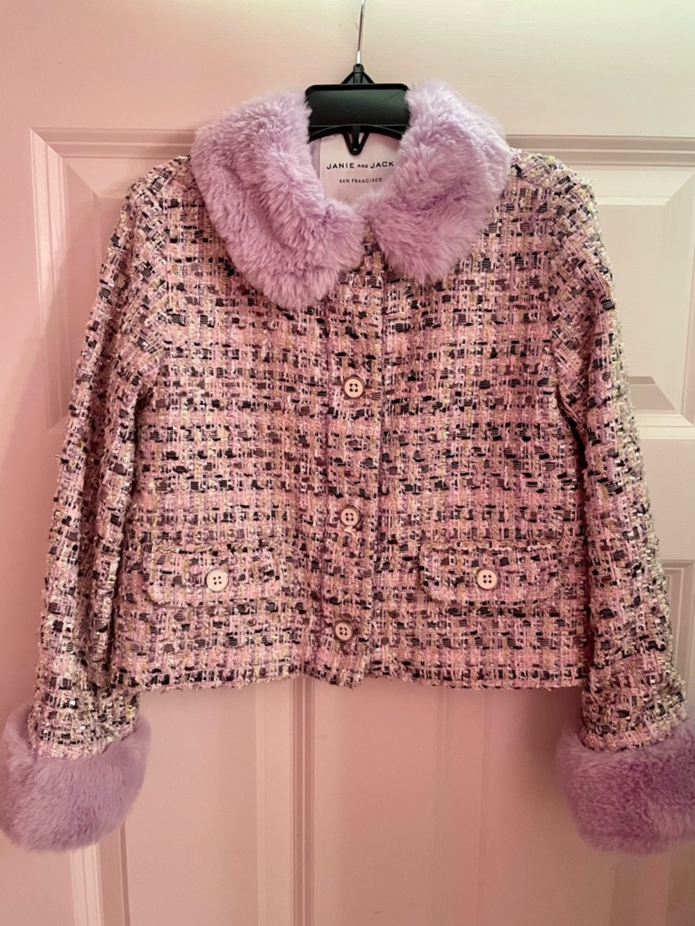 Janie and Jack Girl’s Pink Lilac Tweed Cropped Jacket with Faux Fur Trim